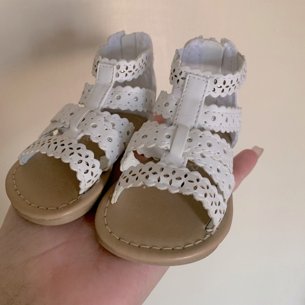 Piper baby sandals! White with a tan sole and zipper back.